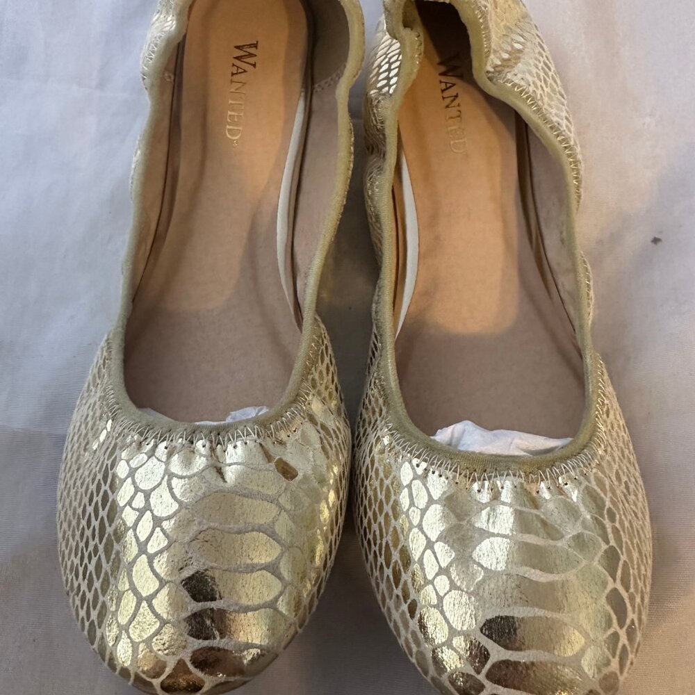 Wanted   Lario Ballet Flat, Gold Snake Print   Women Sizes   NEW With  Box